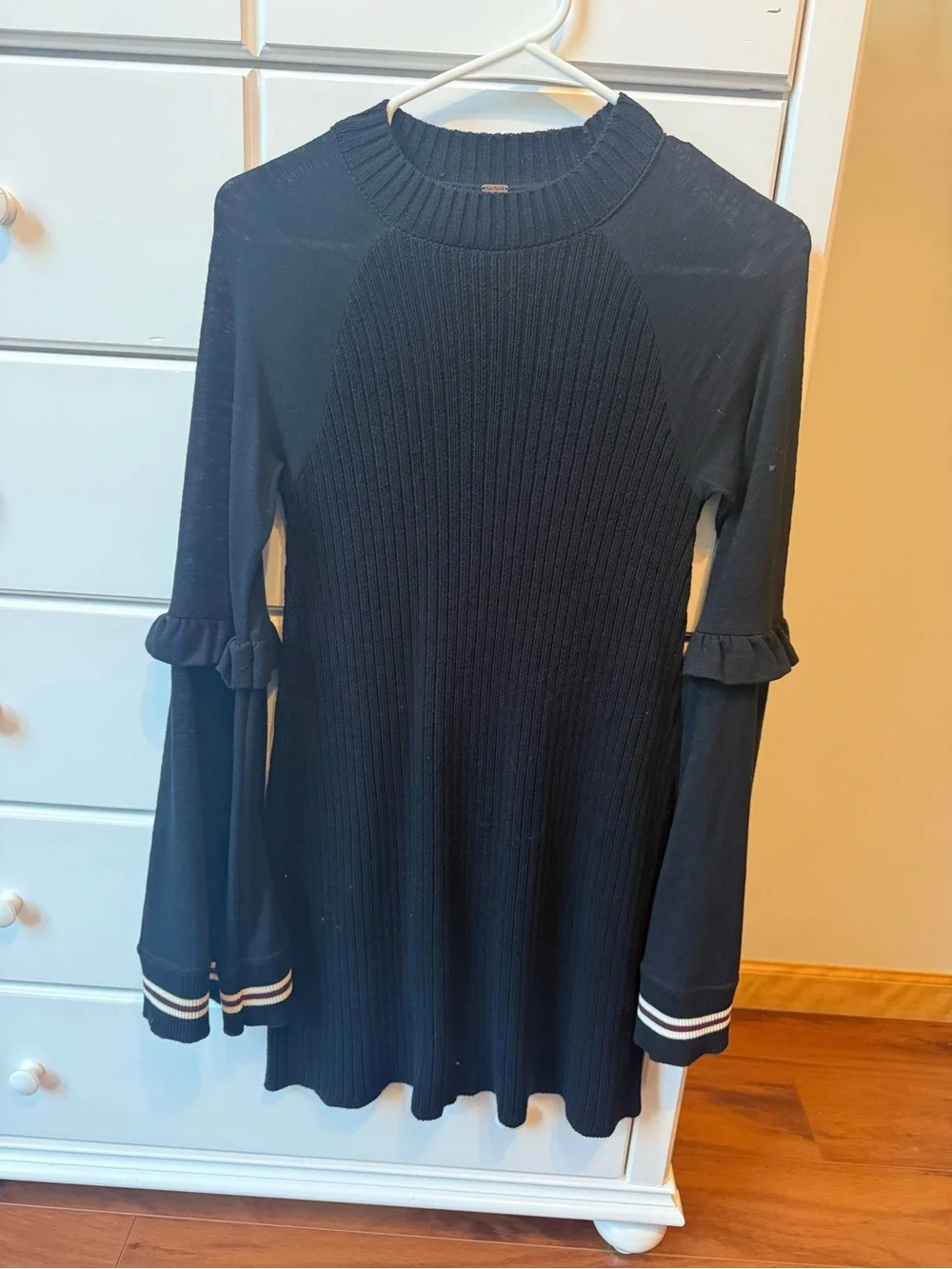 Free People Zou Bisou Black Ribbed Knit Bell Sleeve Sweater Dress